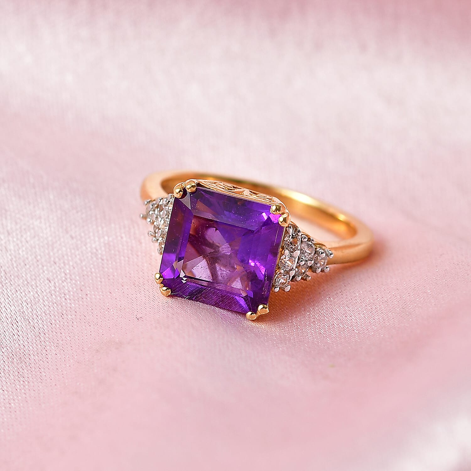 D'Joy - AAA African Amethyst, Natural White Zircon Ring in Yellow Gold Plated Sterling Silver 3.50 Ct. V32489611 3
