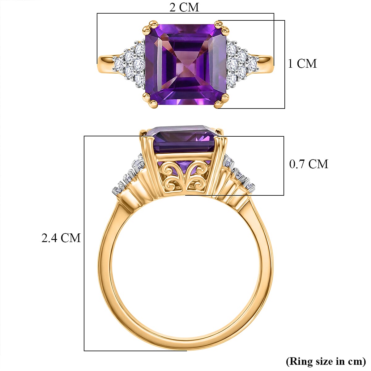 D'Joy - AAA African Amethyst, Natural White Zircon Ring in Yellow Gold Plated Sterling Silver 3.50 Ct. V32489611 6