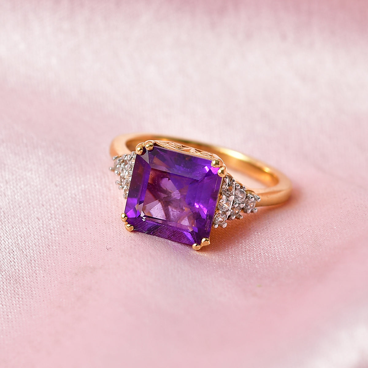 D'Joy - AAA African Amethyst, Natural White Zircon Ring in Yellow Gold Plated Sterling Silver 3.50 Ct. V32519221 3