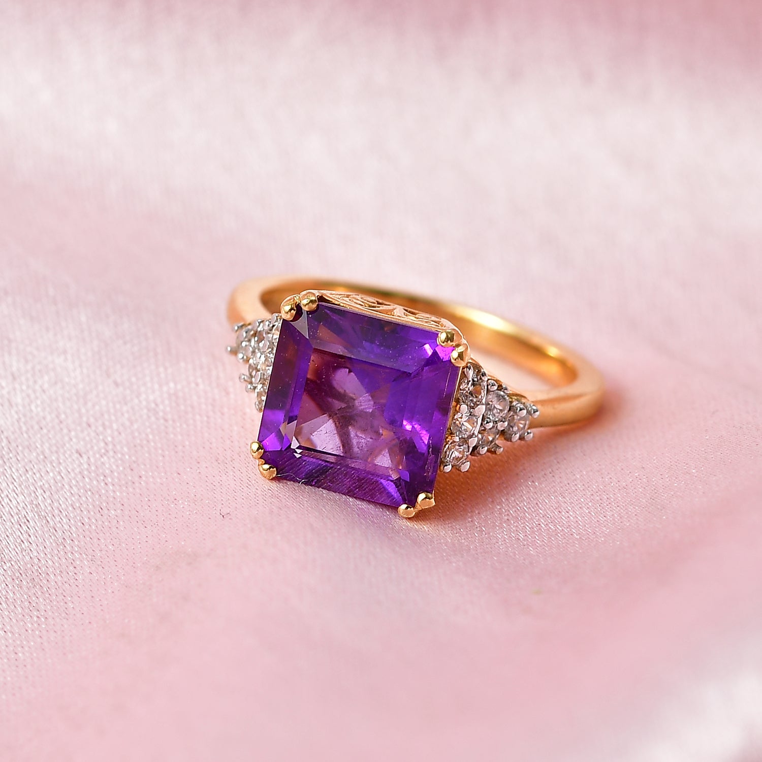 D'Joy - AAA African Amethyst, Natural White Zircon Ring in Yellow Gold Plated Sterling Silver 3.50 Ct. V32519221 3