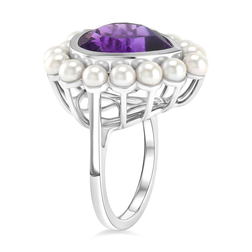 D'Joy - AAA African Amethyst & Fresh Water Pearl Heart Ring in Rhodium Overlay Sterling Silver 12.15 Ct._8481297_3