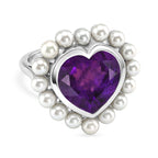D'Joy - AAA African Amethyst & Fresh Water Pearl Heart Ring in Rhodium Overlay Sterling Silver 12.15 Ct._8481303