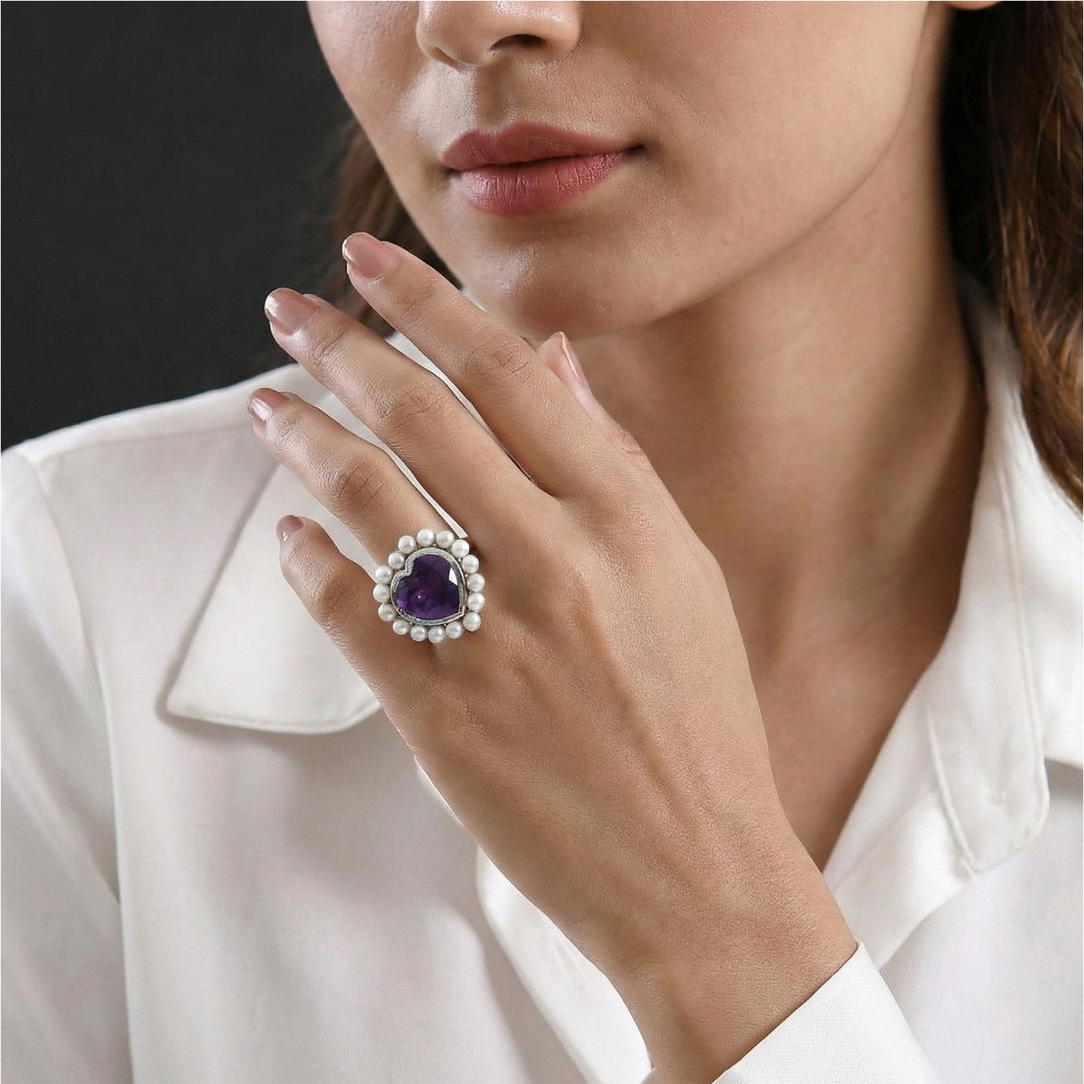 D'Joy - AAA African Amethyst &amp; Fresh Water Pearl Heart Ring in Rhodium Overlay Sterling Silver 12.15 Ct. V32533120 2