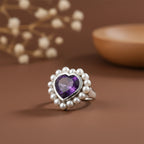 D'Joy - AAA African Amethyst & Fresh Water Pearl Heart Ring in Rhodium Overlay Sterling Silver 12.15 Ct._8481303_2
