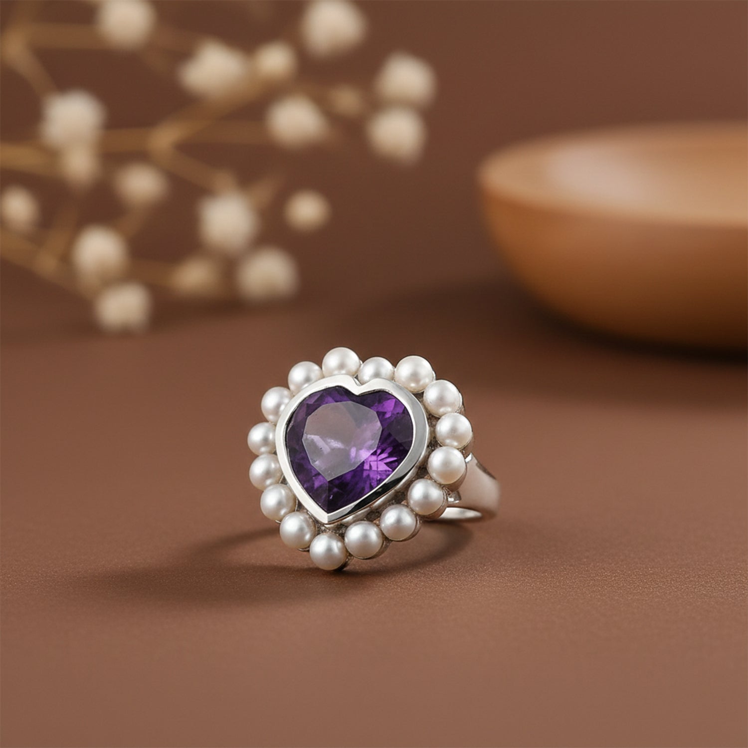 D'Joy - AAA African Amethyst &amp; Fresh Water Pearl Heart Ring in Rhodium Overlay Sterling Silver 12.15 Ct. V32533120 3