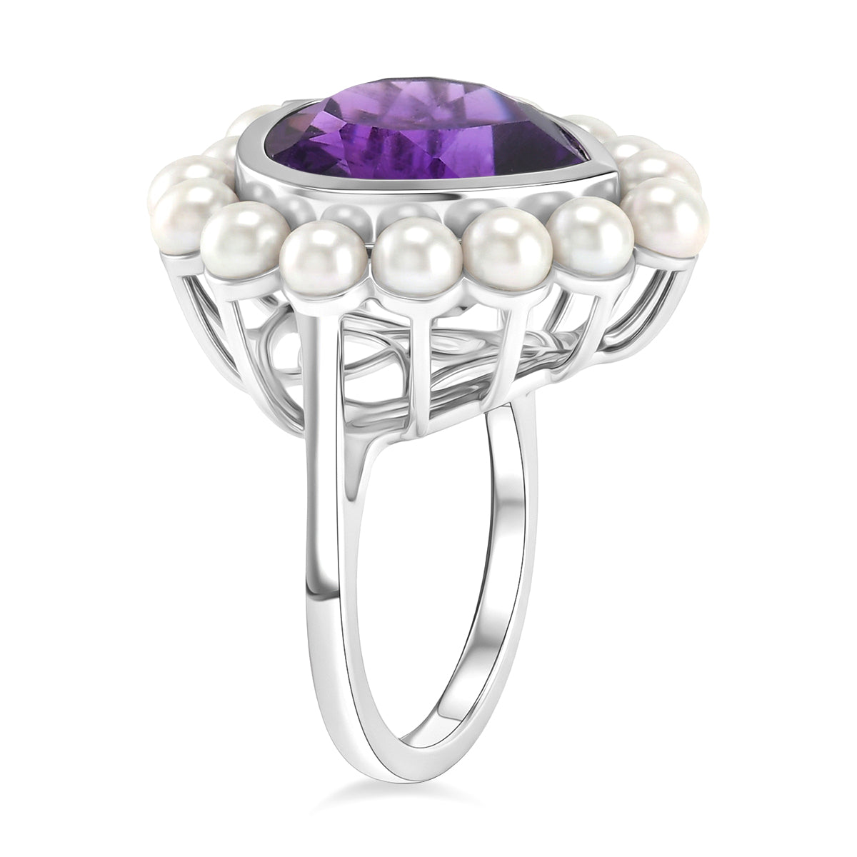 D'Joy - AAA African Amethyst &amp; Fresh Water Pearl Heart Ring in Rhodium Overlay Sterling Silver 12.15 Ct. V32533120 4