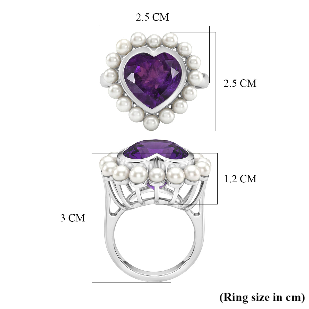 D'Joy - AAA African Amethyst &amp; Fresh Water Pearl Heart Ring in Rhodium Overlay Sterling Silver 12.15 Ct. V32533120 6
