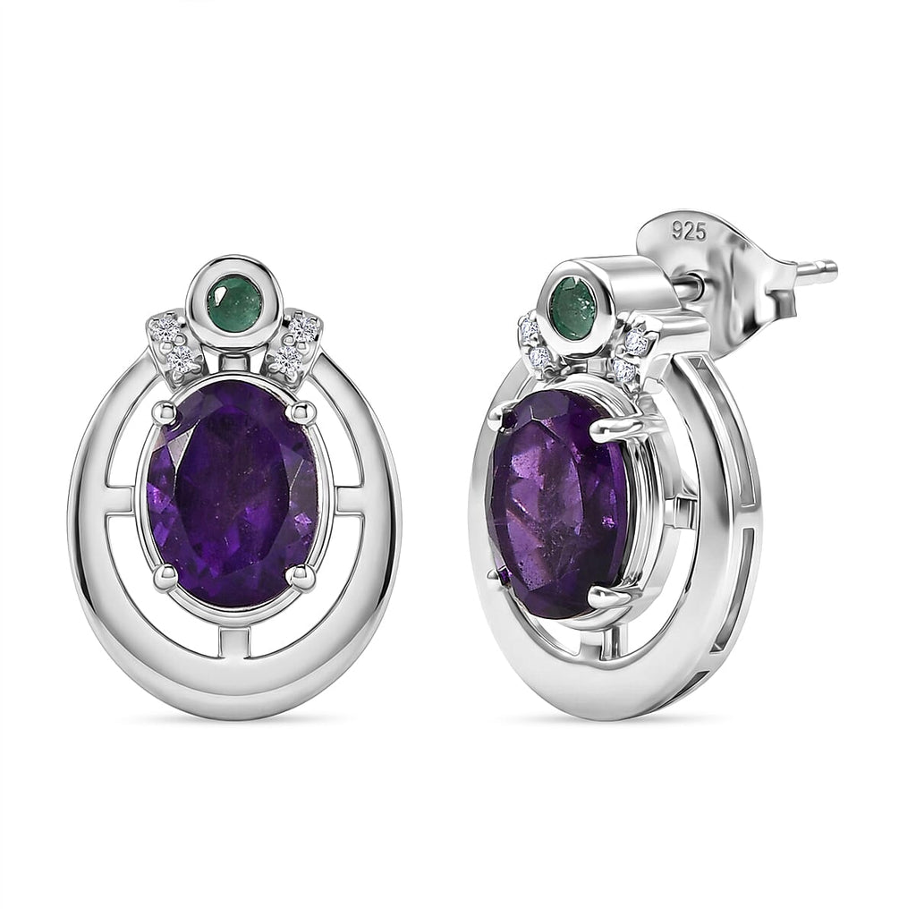 D'Joy - AAA African Amethyst, Emerald & White Zircon Earring with Push Back in Platinum Overlay Sterling Silver 2.48 Ct._8481307