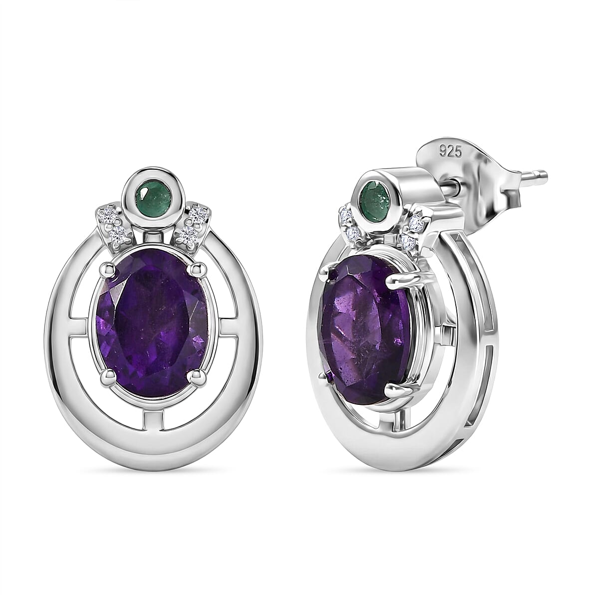 D'Joy - AAA African Amethyst, Emerald &amp; White Zircon Earring with Push Back in Platinum Overlay Sterling Silver 2.48 Ct. V32518448 0