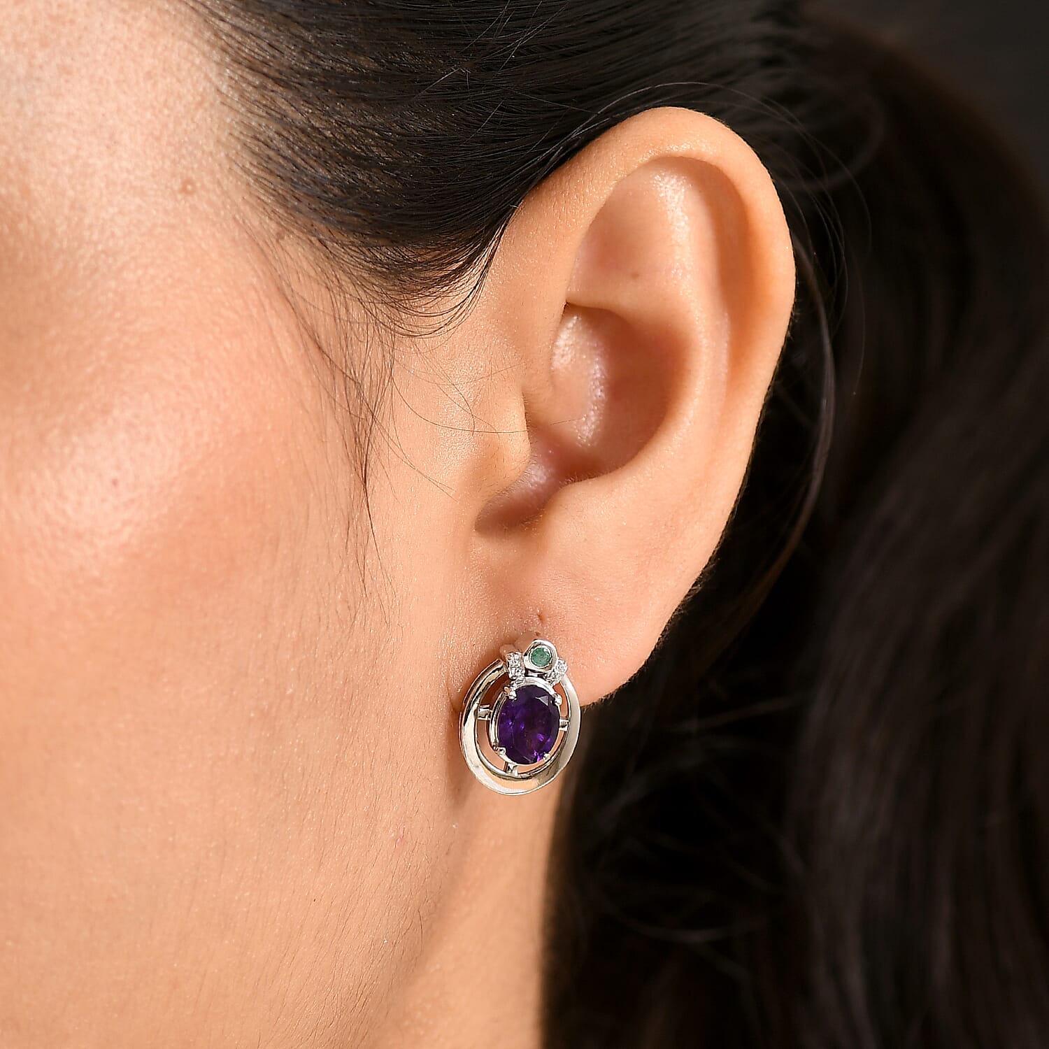 D'Joy - AAA African Amethyst, Emerald &amp; White Zircon Earring with Push Back in Platinum Overlay Sterling Silver 2.48 Ct. V32518448 2