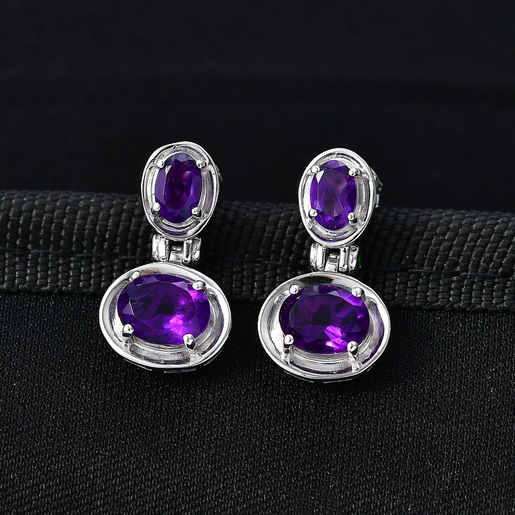 D'Joy AAA African Amethyst & Natural Chrome Diopside Dangling Push Post Earring in Platinum Overlay Sterling Silver 3.31 Ct