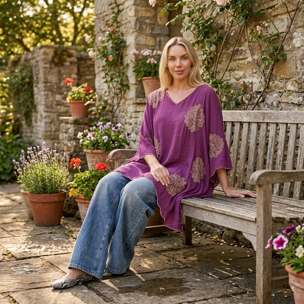 La Marey Sequins Embroidery Poncho Top (One Size) - Purple_8481518_1