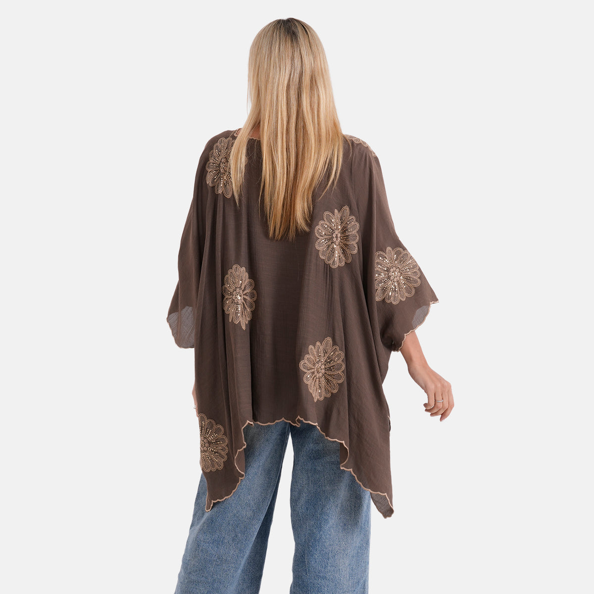 La Marey Sequins Embroidery Poncho Top (One Size) - Brown 8481524 4