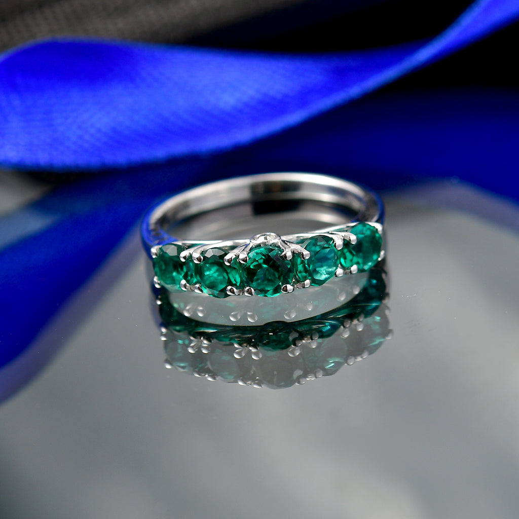 Close Out Deal - AAA Lab Grown Emerald & SI/GH Lab Grown Diamond 5 Stone Ring in Rhodium Overlay Sterling Silver 1.30 Ct._8481550_2