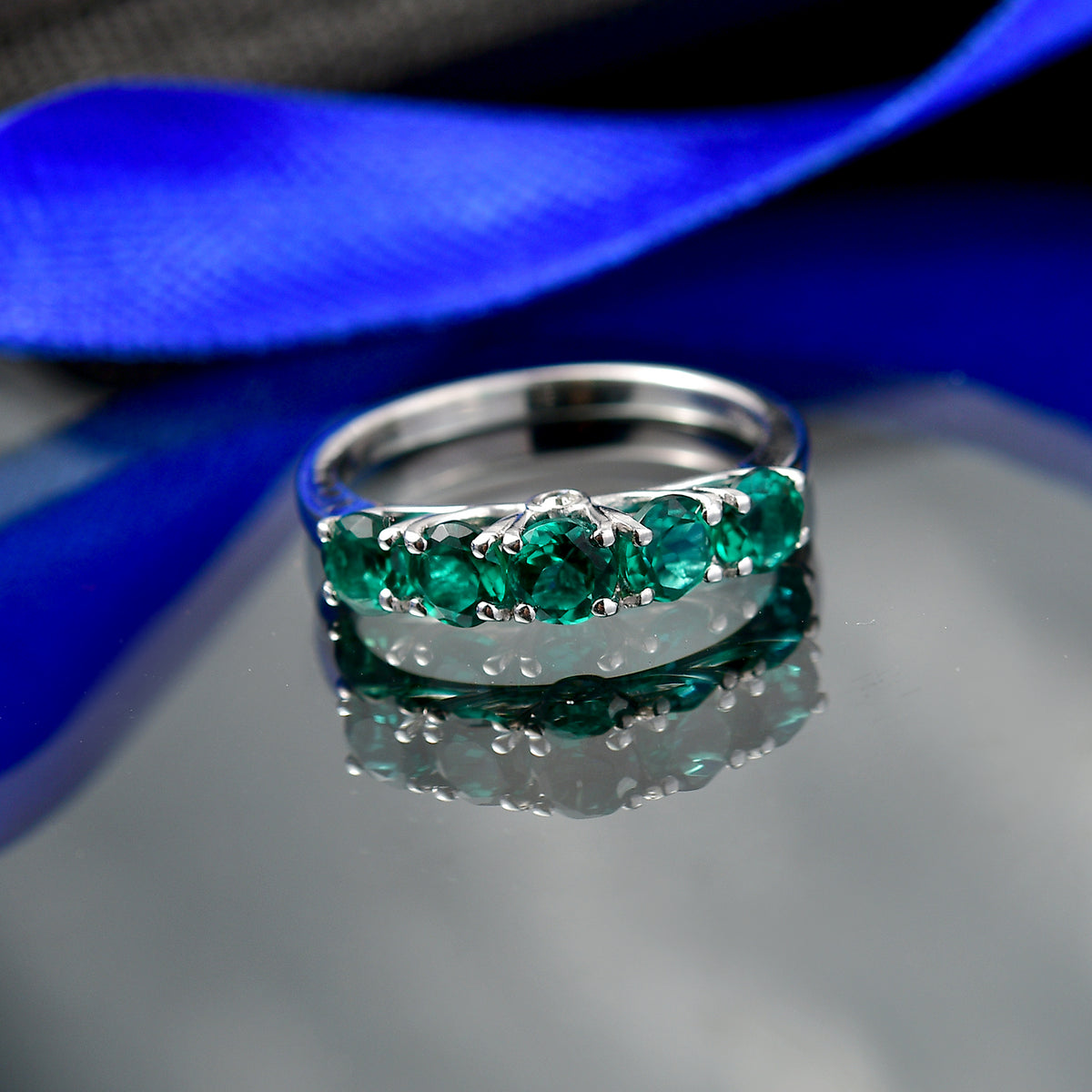 D'joy 1.2 Ct. AAA Lab Grown Emerald, Lab Grown Diamond SI G-H 5 Stone Ring in Rhodium Overlay Sterling Silver 8481550 3