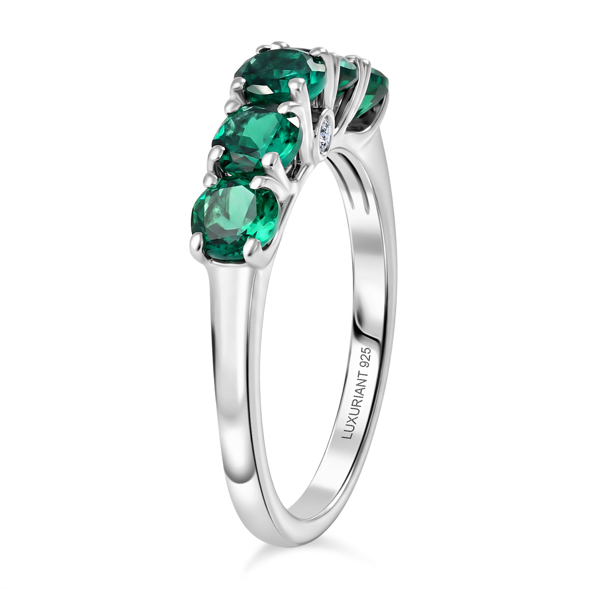 D'joy 1.2 Ct. AAA Lab Grown Emerald, Lab Grown Diamond SI G-H 5 Stone Ring in Rhodium Overlay Sterling Silver 8481550 4