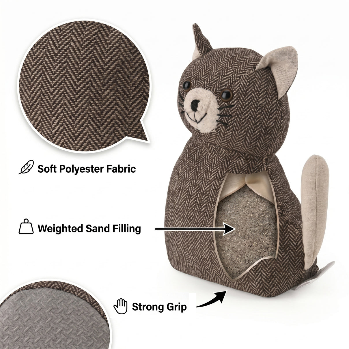 LIVMORE Decorative Plush Cat Door Stopper (15x10x 18 cm) - Grey V32519517 6