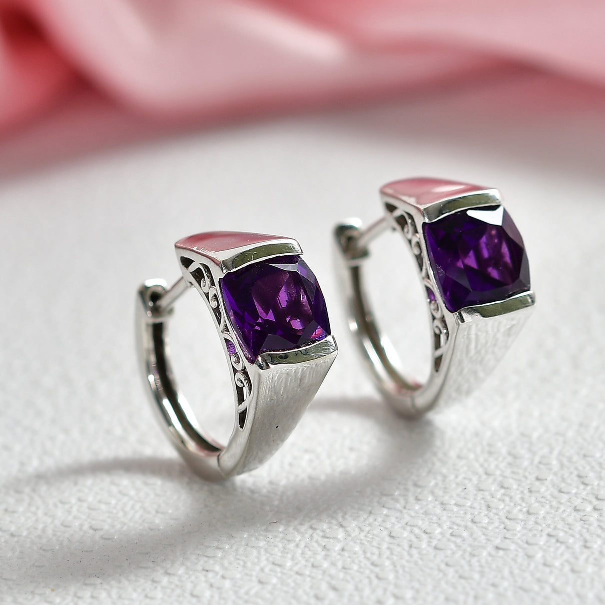 D'Joy - AAA African Amethyst Solitaire Hoop Earring in Platinum Overlay Sterling Silver 3.00 Ct. 8482165 1