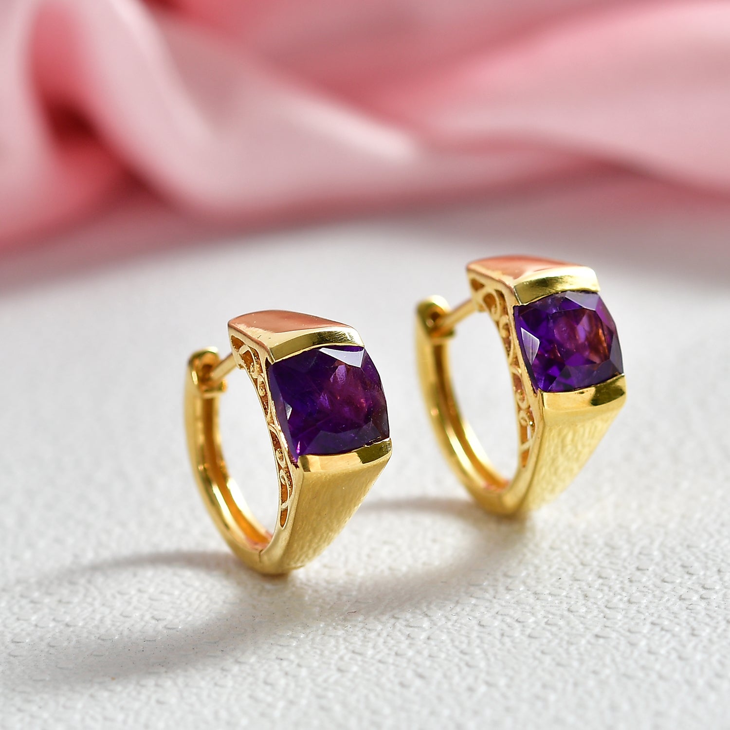 D'Joy - African Amethyst Solitaire Hoop Earring in Yellow Gold Plated Sterling Silver 3.00 Ct. 8482166 1