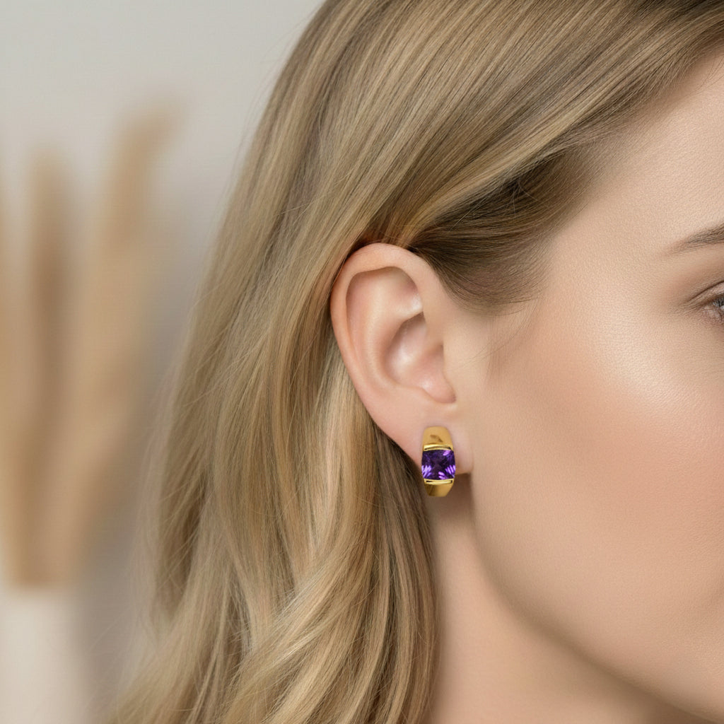 D'Joy - African Amethyst Solitaire Hoop Earring in Yellow Gold Plated Sterling Silver 3.00 Ct. 8482166 2