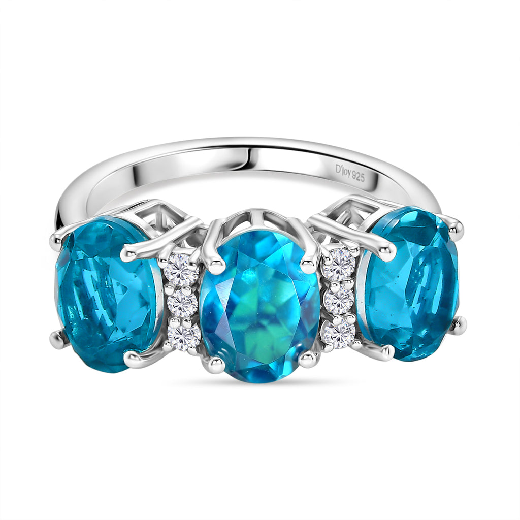 D'Joy Capri Blue Quartz & White Zircon 3 Stone Ring in Platinum Overlay Sterling Silver 4.79 Ct._8482192