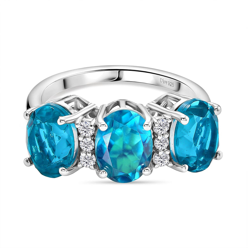 D'Joy Capri Blue Quartz & White Zircon 3 Stone Ring in Platinum Overlay Sterling Silver 4.79 Ct._8482197