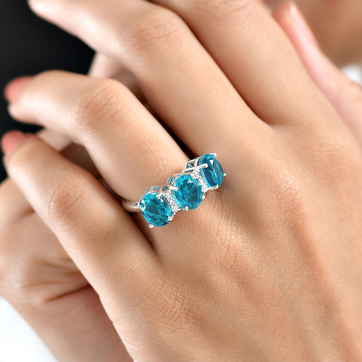 D'Joy Capri Blue Quartz &amp; White Zircon 3 Stone Ring in Platinum Overlay Sterling Silver 4.79 Ct. V32490472 2