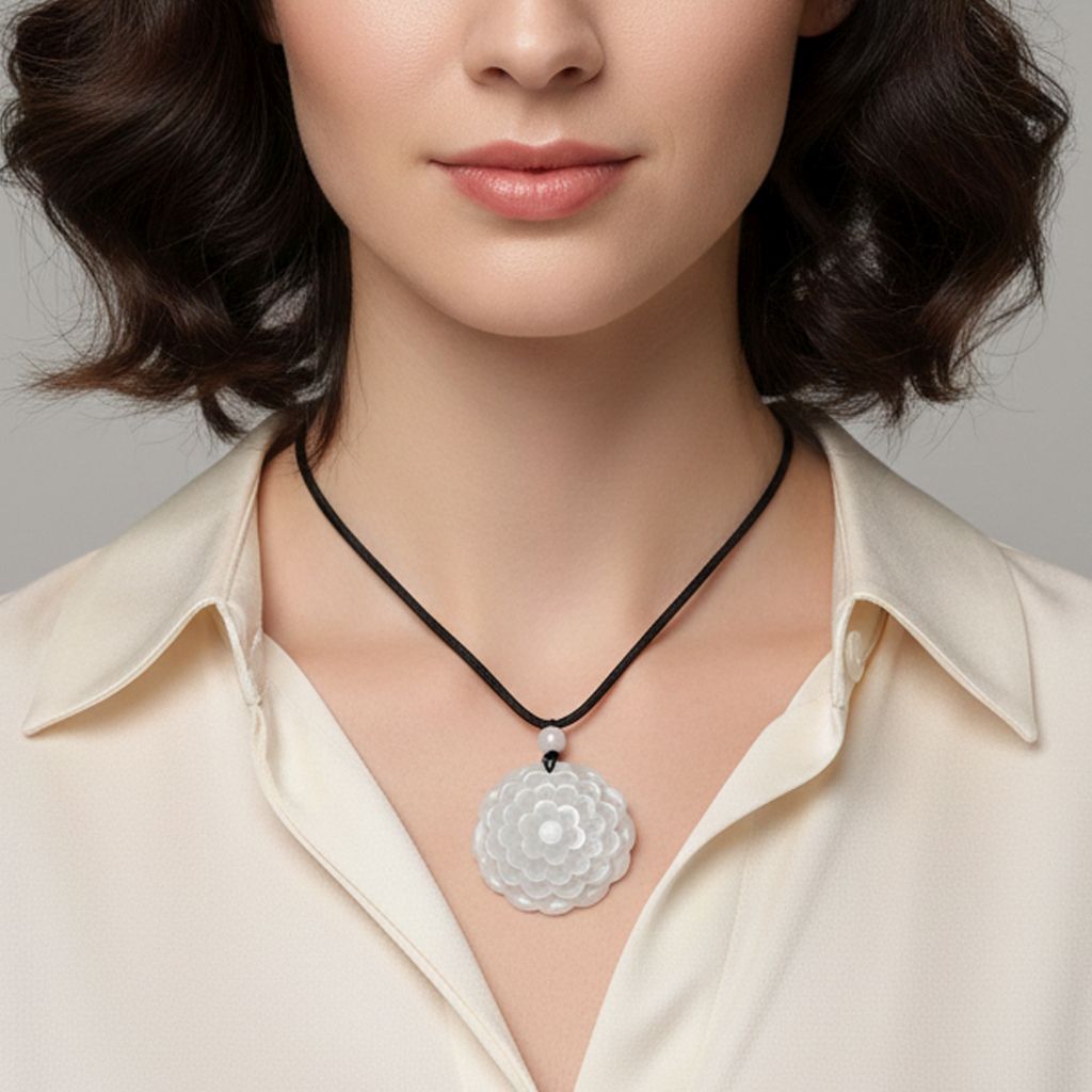 White Jade Floral Necklace with Cotton Thread (Size - 28) 75.00 Ct. V32351562 2