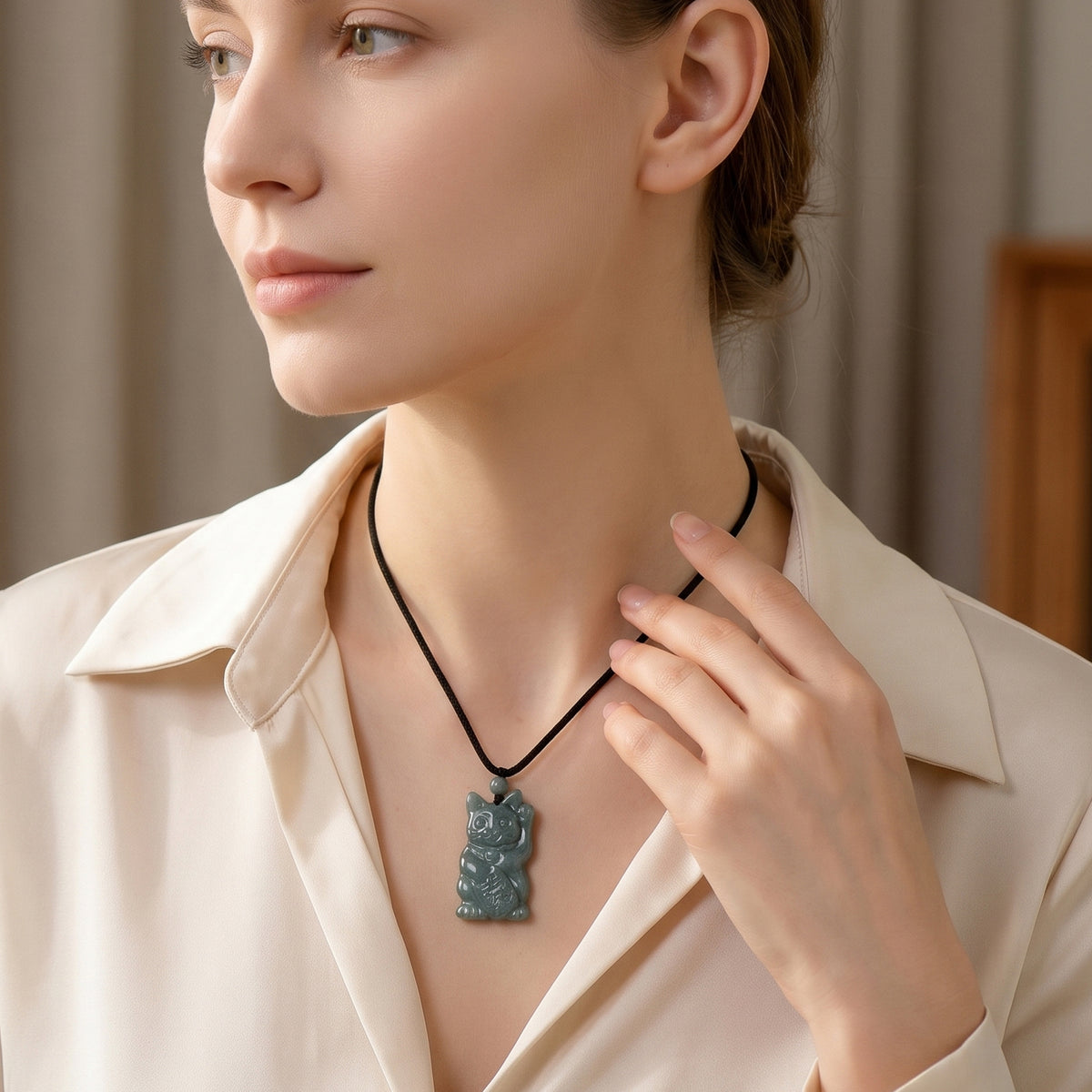 Natural Olmec Jade Adjustable Maneki Neko Necklace with Cotton Thread (Size - 28) 65.00 Ct. 8482746 2