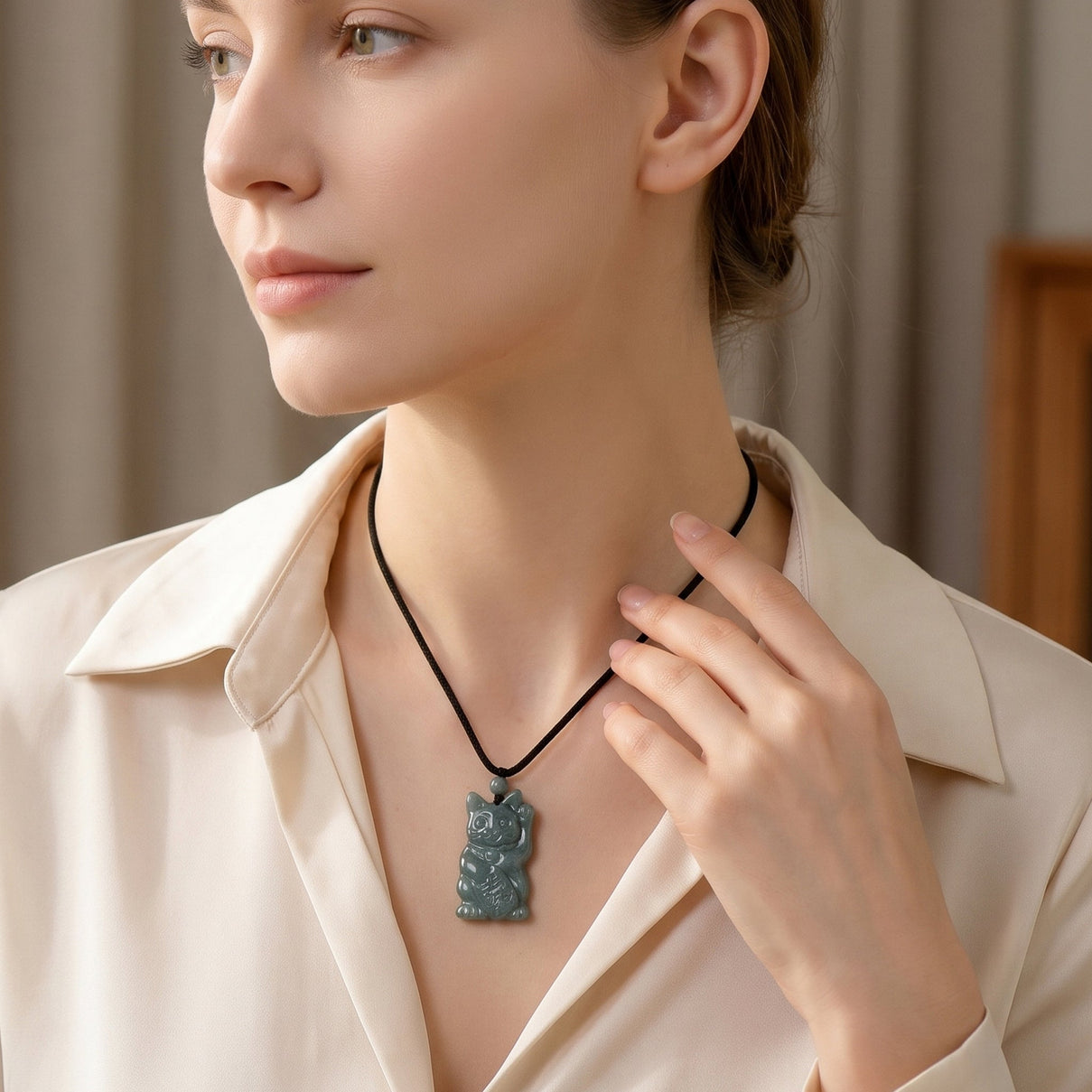 Natural Olmec Jade Adjustable Maneki Neko Necklace with Cotton Thread (Size - 28) 65.00 Ct. V32353761 2