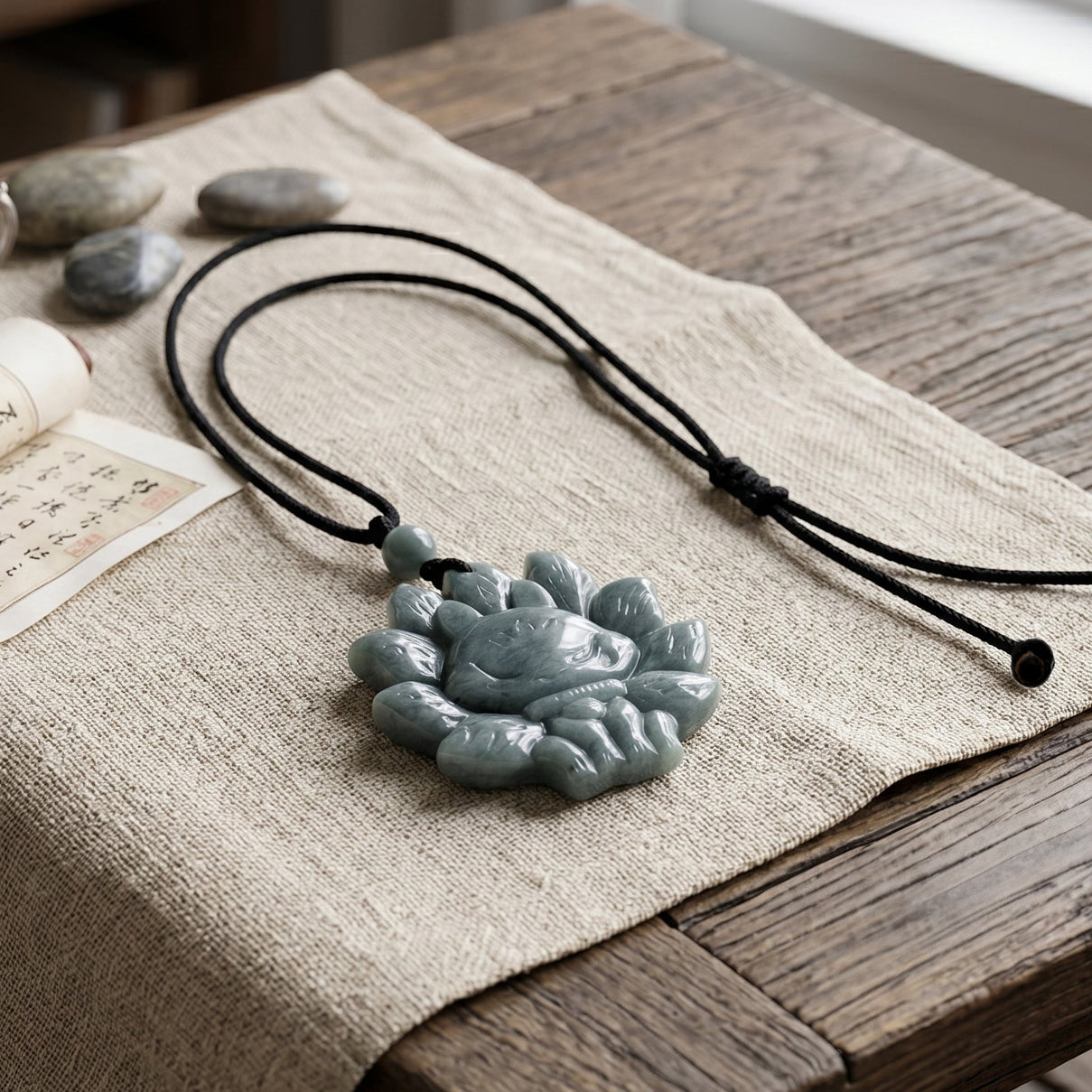 Natural Olmec Jade Adjustable Nine-Tailed Fox Carved Necklace with Cotton Thread (Size - 28) 80.00 Ct. V32349887 3