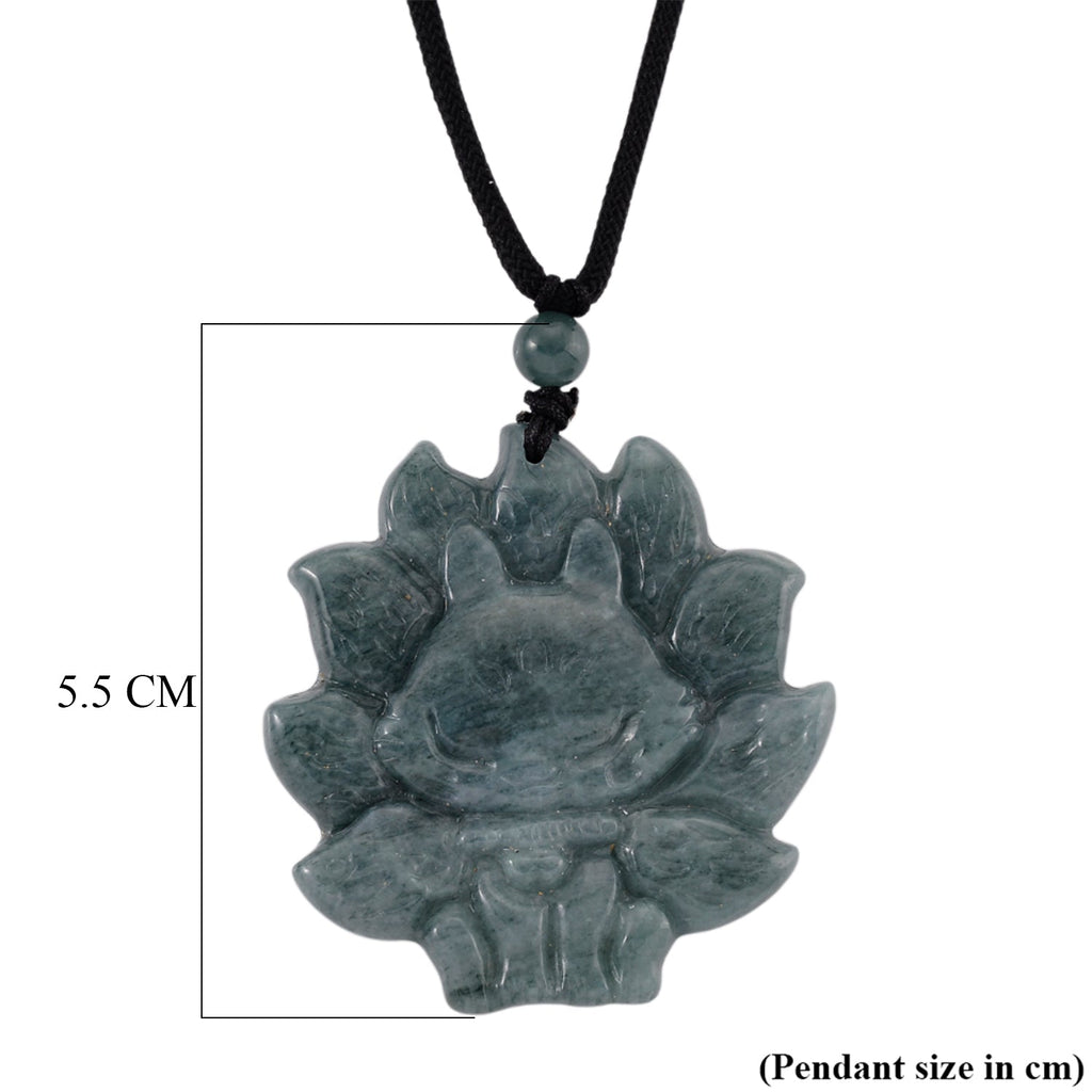 Natural Olmec Jade Adjustable Nine-Tailed Fox Carved Necklace with Cotton Thread (Size - 28) 80.00 Ct.