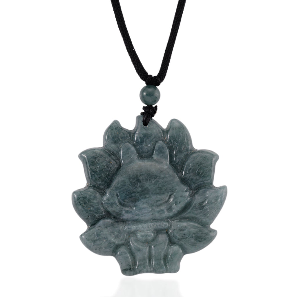 Natural Olmec Jade Adjustable Nine-Tailed Fox Carved Necklace with Cotton Thread (Size - 28) 80.00 Ct.