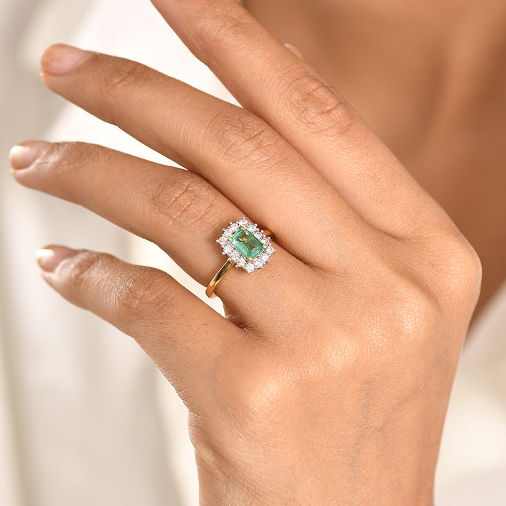 AAA Premium Gemfields Zambian Emerald (Oct 1.00 Cts) and Lab Grown Diamond (SI/G-H 0.35 Cts) Ring in 18K Yellow Vermeil Sterling Silver 1.35 Ct. 8482817 1