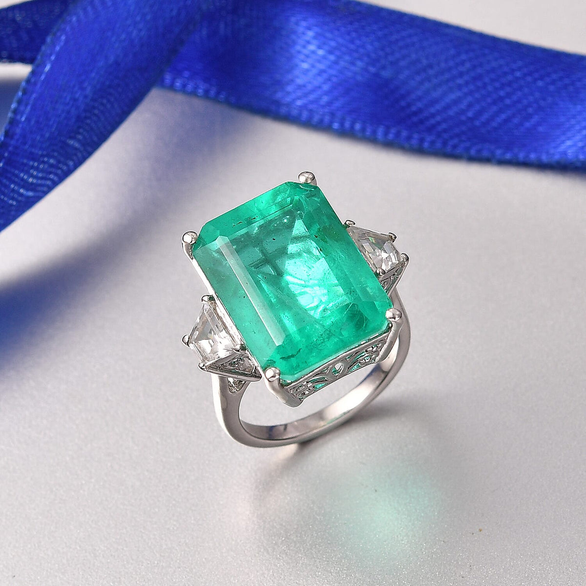 D'Joy Emeraldine Triplet Quartz, White Zircon Solitaire Ring in Rhodium Overlay Sterling Silver 18.78 Ct. V32585566 2