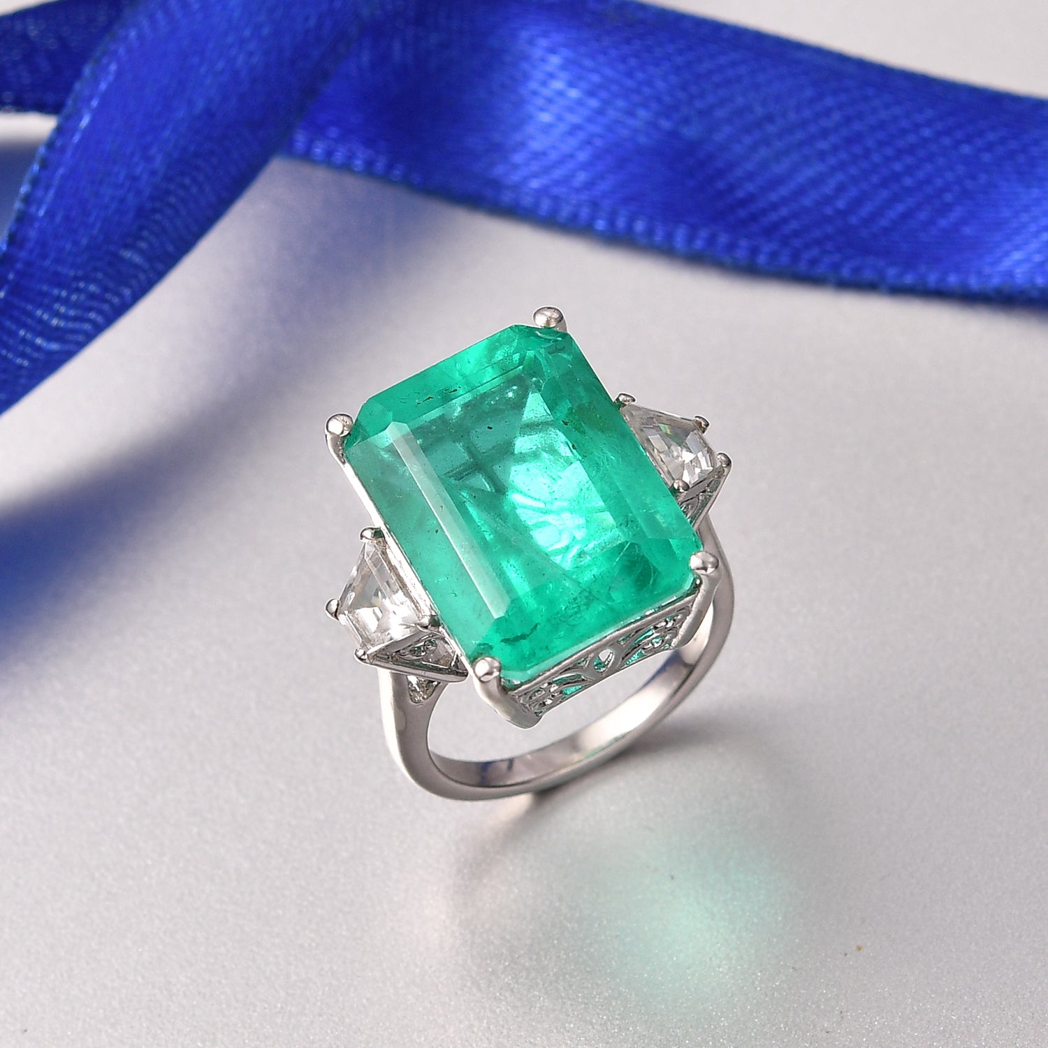 D'Joy Emeraldine Triplet Quartz, White Zircon Solitaire Ring in Rhodium Overlay Sterling Silver 18.78 Ct. V32524268 2