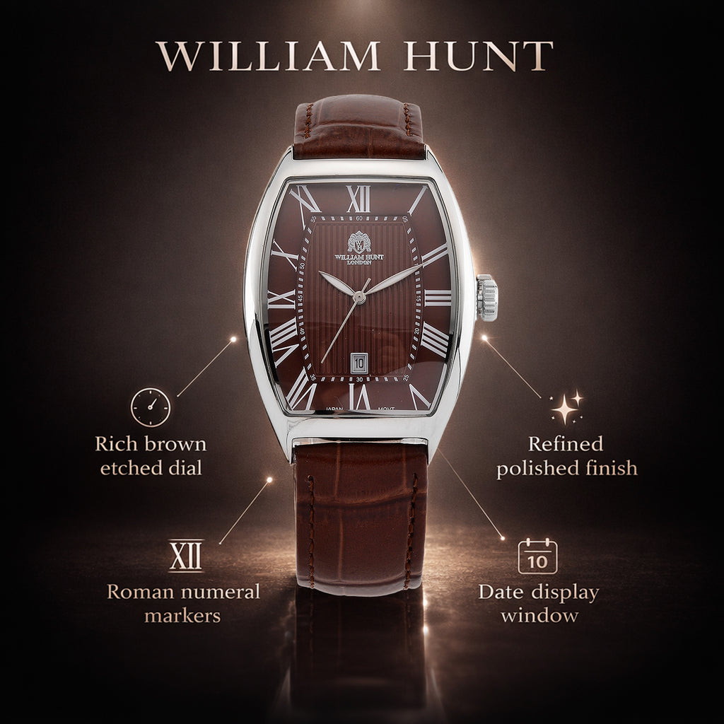 WILLIAM HUNT Limited Edition Japanese Miyota Movement 3ATM Water Resistant Watch With Genuine Leather Strap & Presentation Box - Brown_8482889_1