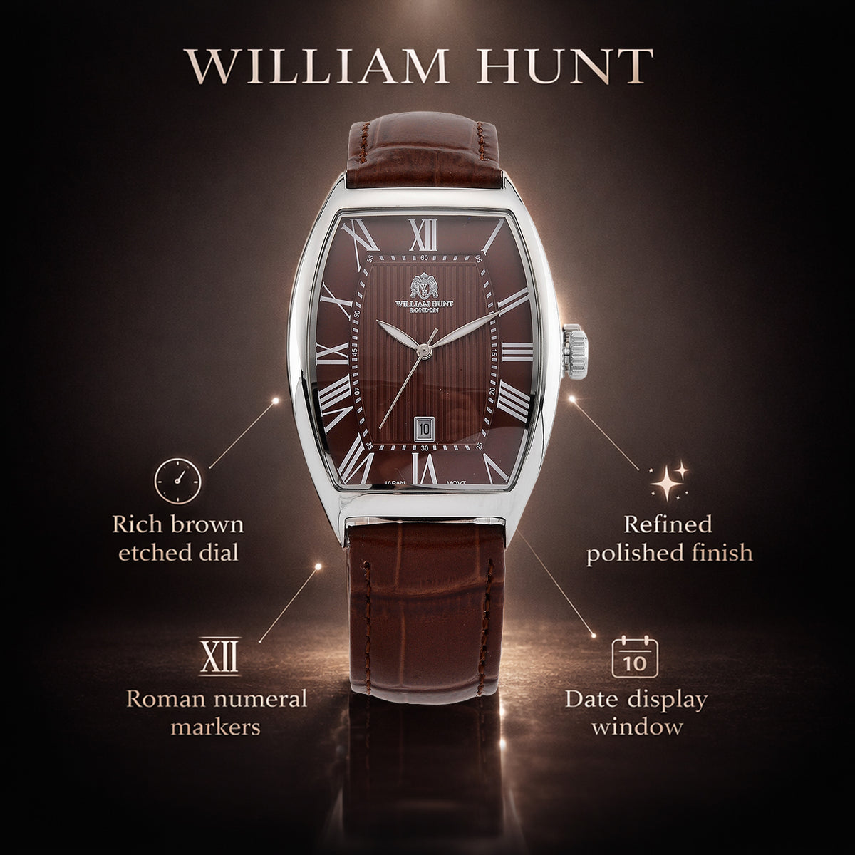 WILLIAM HUNT Limited Edition Japanese Miyota Movement 3ATM Water Resistant Watch With Genuine Leather Strap &amp; Presentation Box - Brown V32627389 2