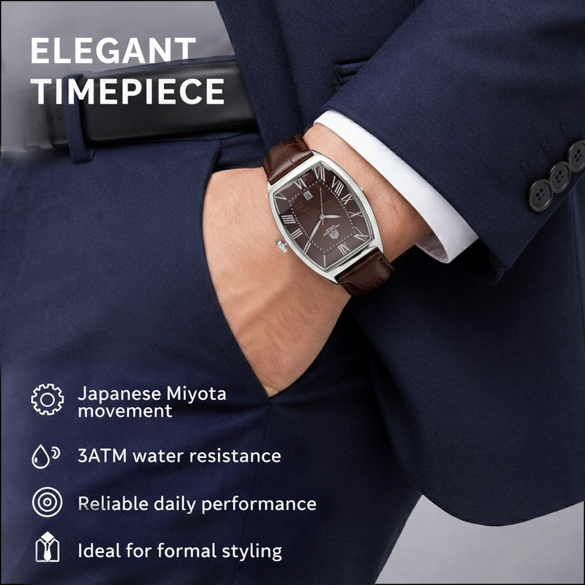 WILLIAM HUNT Limited Edition Japanese Miyota Movement 3ATM Water Resistant Watch With Genuine Leather Strap &amp; Presentation Box - Brown V32627389 3