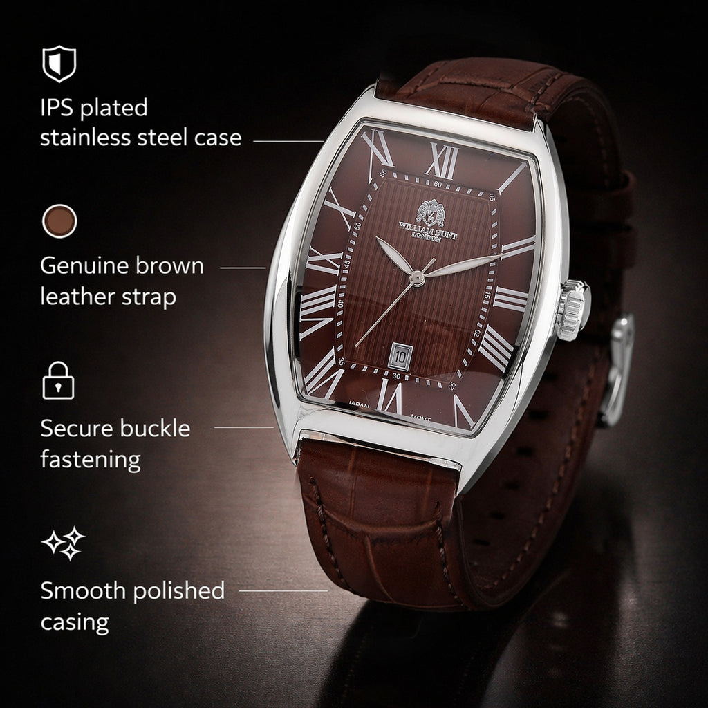 WILLIAM HUNT Limited Edition Japanese Miyota Movement 3ATM Water Resistant Watch With Genuine Leather Strap & Presentation Box - Brown_8482889_3