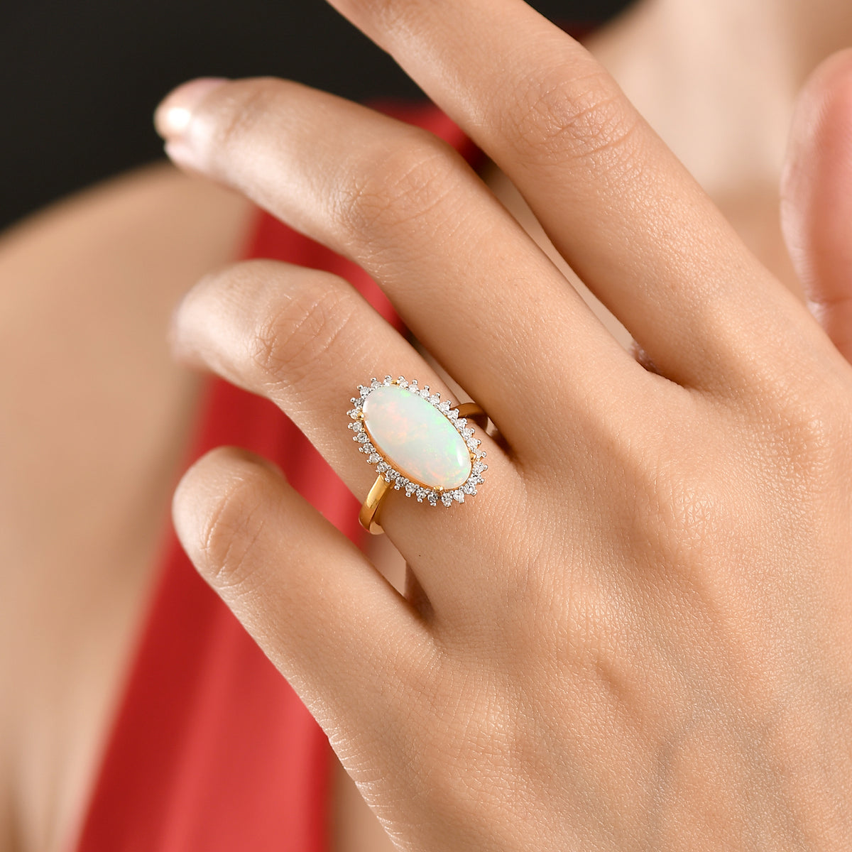 LUXURIANT Ethiopian Opal, Lab Grown Diamond Halo Ring in 18K Vermeil Yellow Gold Plated Sterling Silver 3.34 Ct. V32529846 2