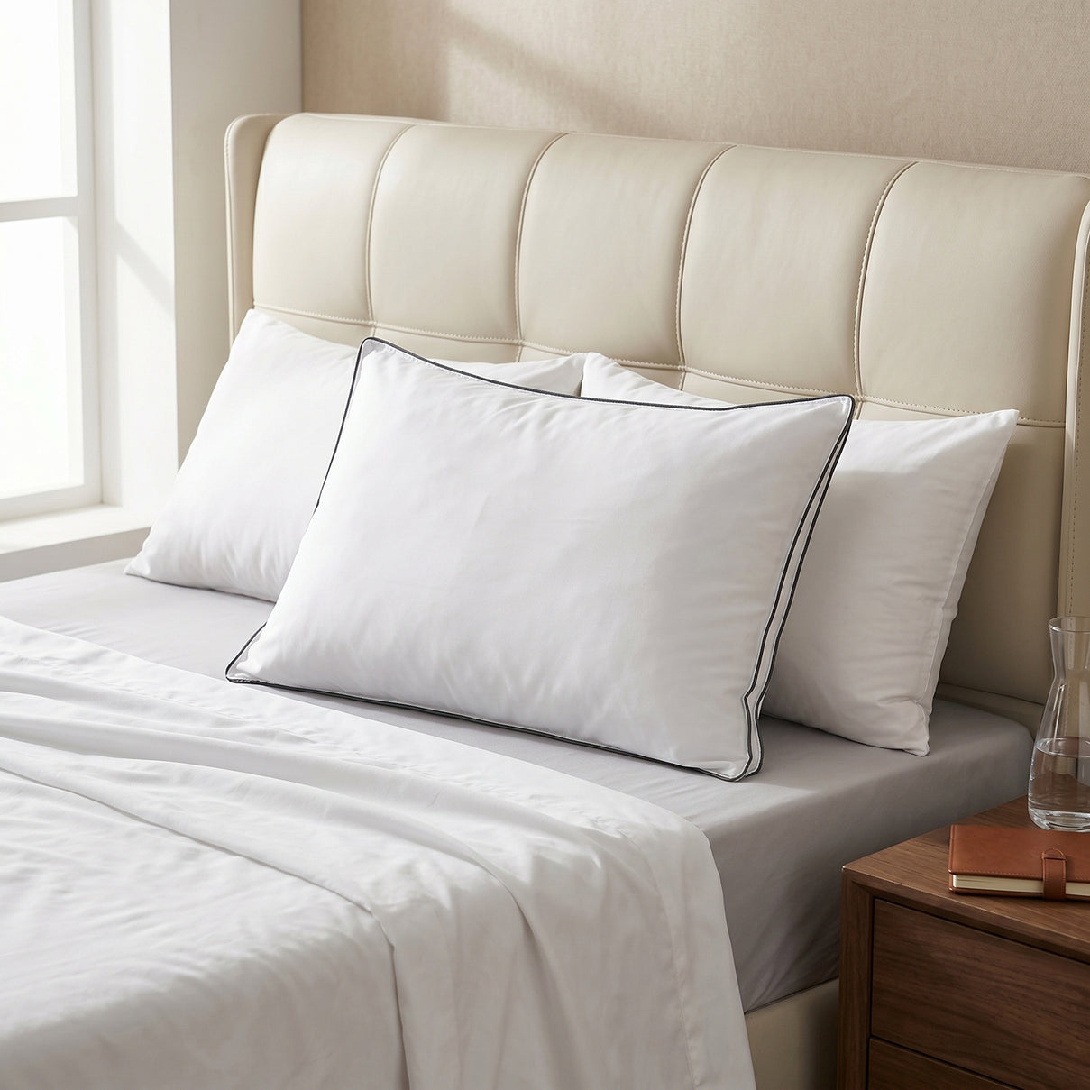 Livmore Hotel Quality Super Soft Pillow Enhancer Fillled with Faux Down (Size 50x75 cm - White with Silver Piping 8483079 1