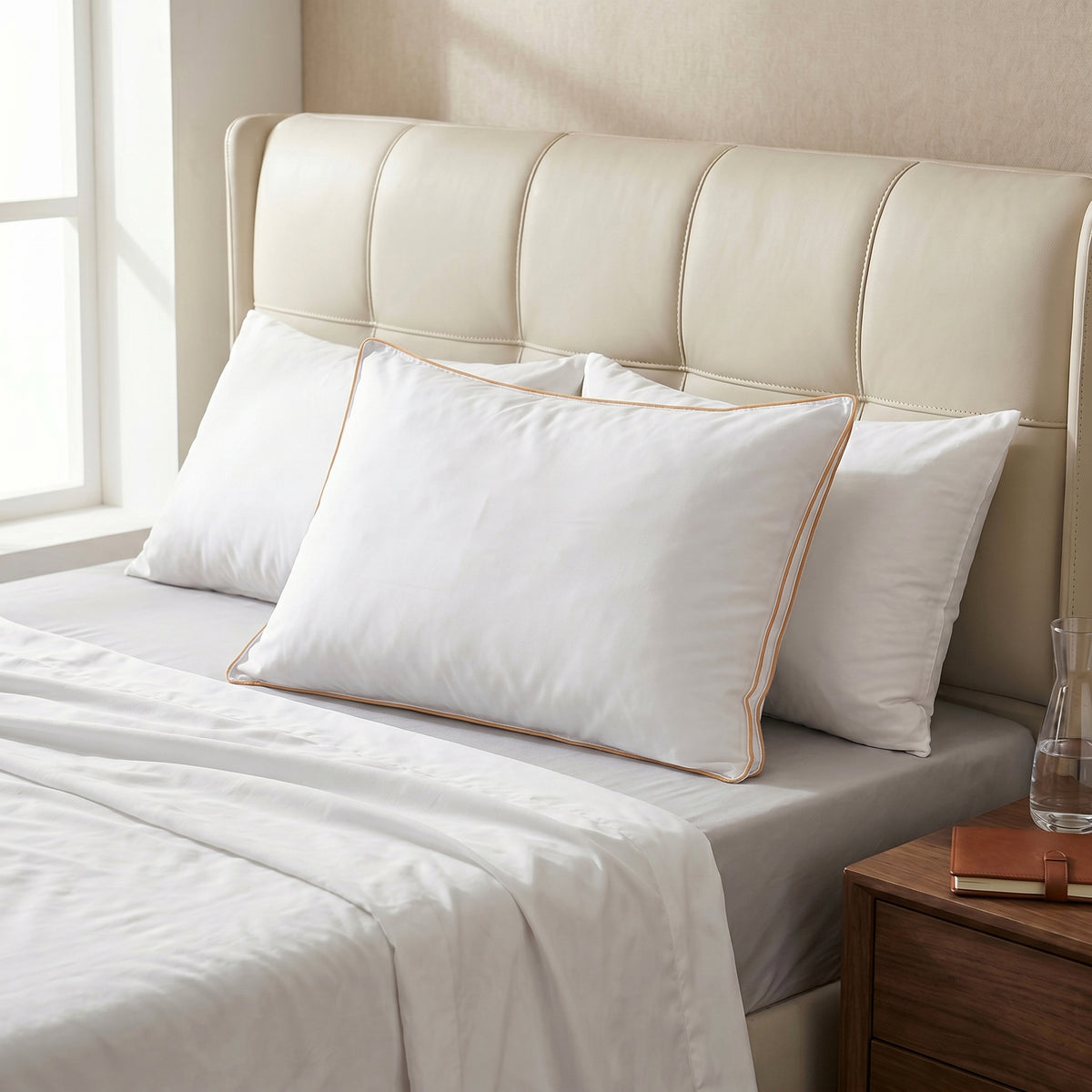 Livmore Hotel Quality Super Soft Pillow Enhancer Filled with Faux Down (Size 50x75 cm) - White with Gold Piping V32513940 2