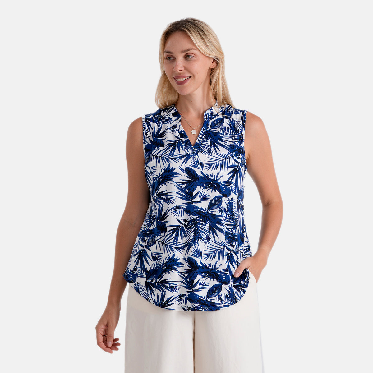 &amp; Maisi Printed Relax Fit Sleeveless Blouse (Size L, 16-18) - Dark Blue And White V32693025 0