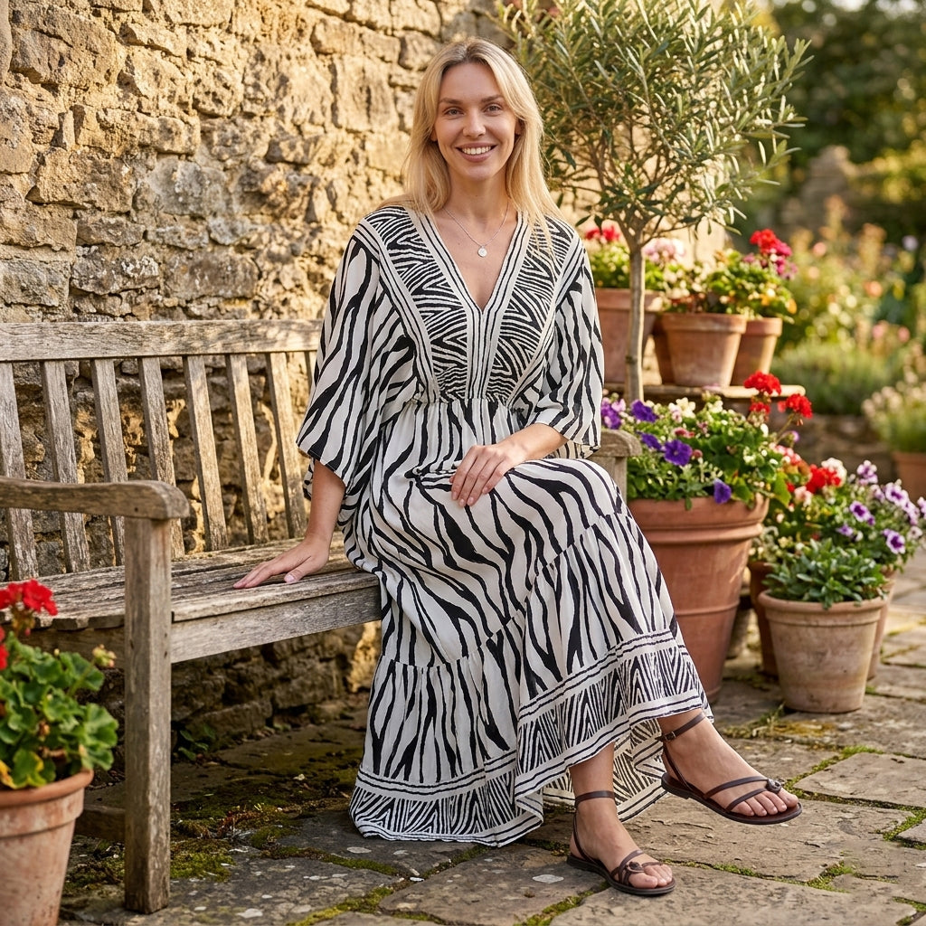 La Marey Mixed Print Elastic Waist Maxi Dress (One Size) - Black &amp; White V32601723 2