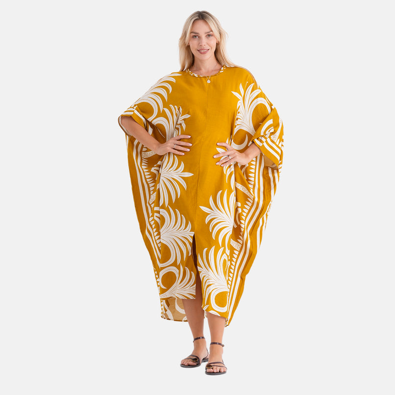 La Marey Print Kaftan (One Size, 8-22) - Mustard Yellow & White_8483279