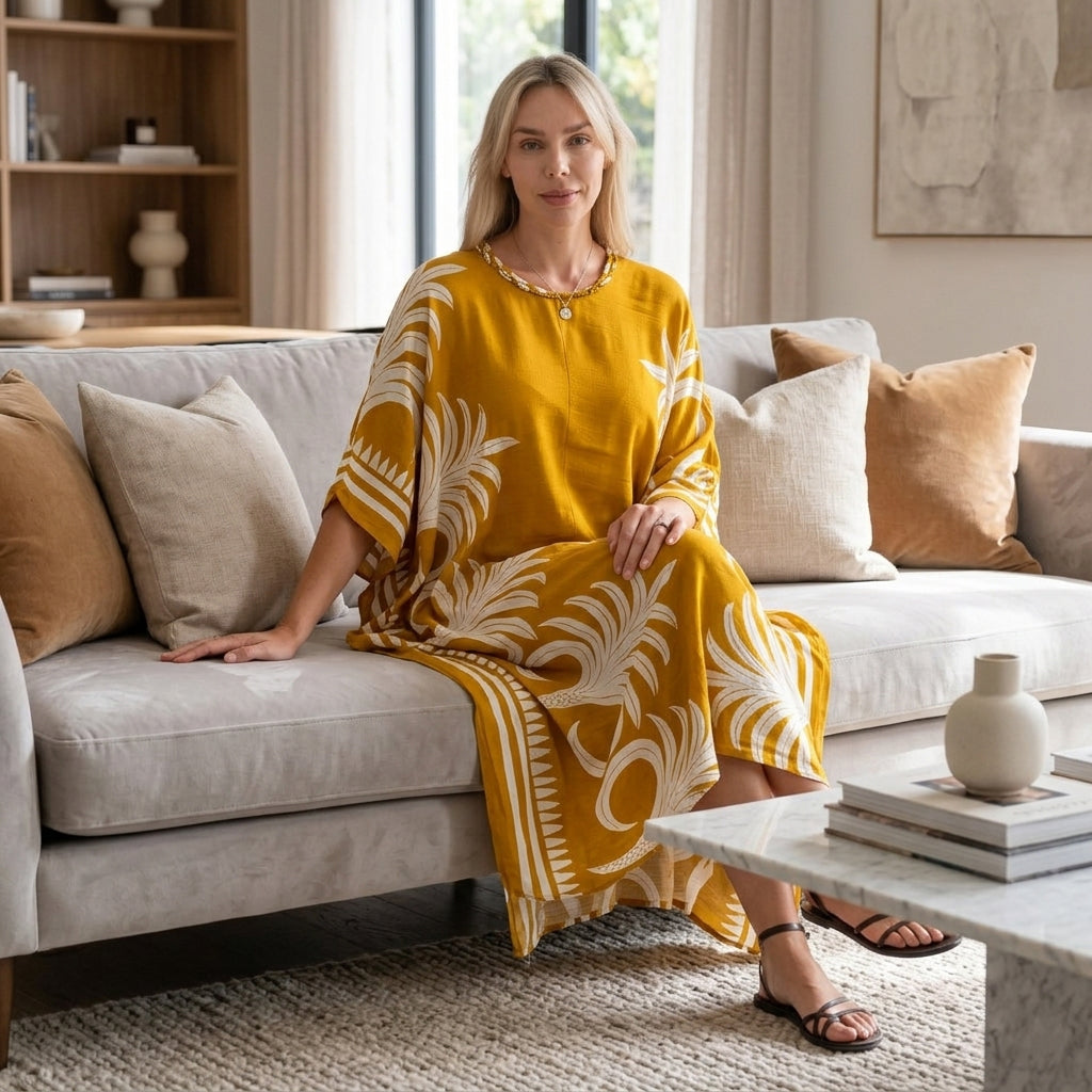 La Marey Print Kaftan (One Size, 8-22) - Mustard Yellow &amp; White V32746767 2