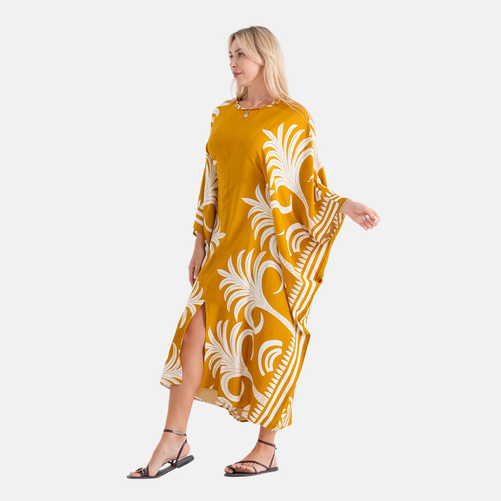 La Marey Print Kaftan (One Size, 8-22) - Mustard Yellow & White_8483279_3