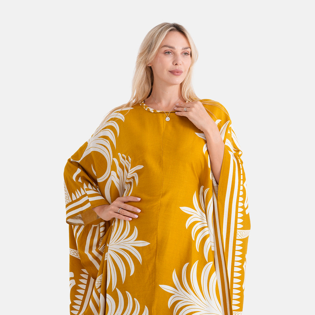 La Marey Print Kaftan (One Size, 8-22) - Mustard Yellow & White_8483279_5