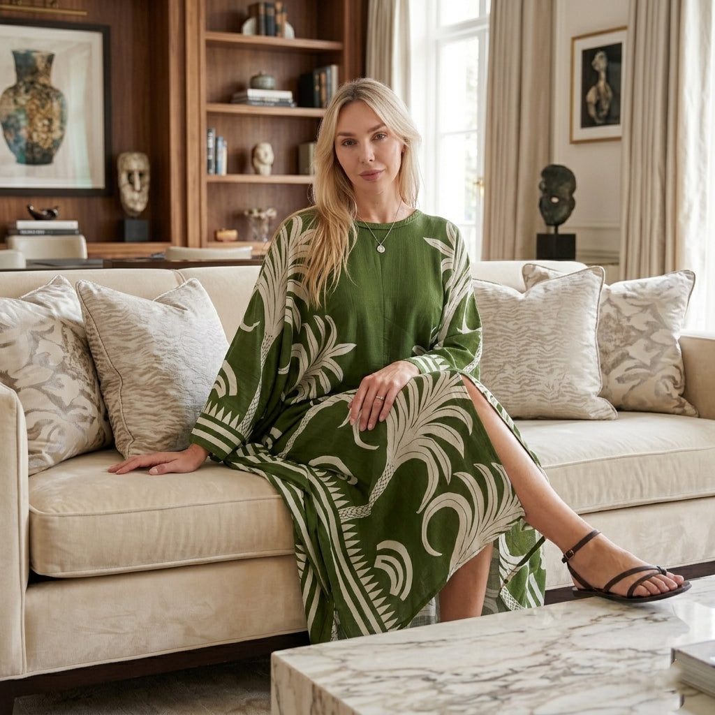 La Marey Print Kaftan (One Size, 8-22) - Forest Green & White_8483280_1